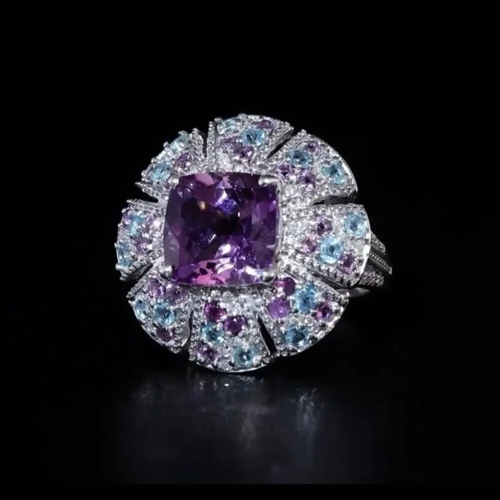 Amethyst Moissanite Multi Gemstone 5.85 ctw Floral Ring Sterling Silver Size 7